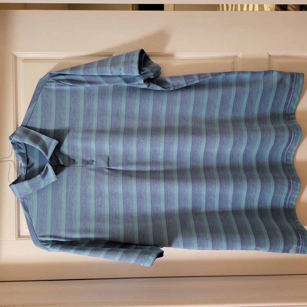 Mens Adidas Peformance Polo short sleeved aqua blue/purple stripe